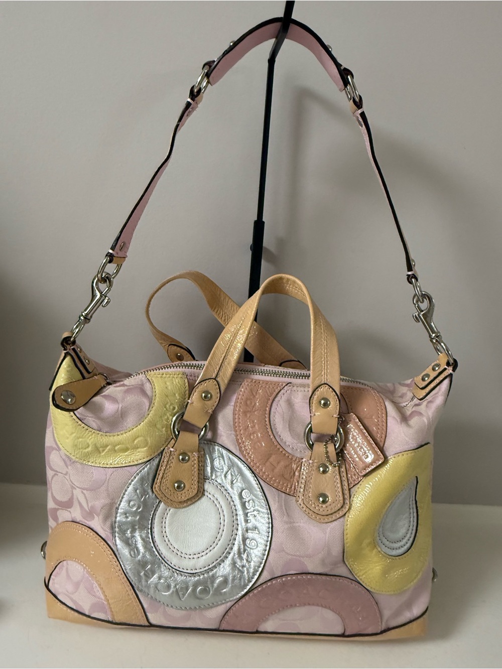 Coach Pink Patchwork Satchel with Metallic Silver & Pastel Accents!